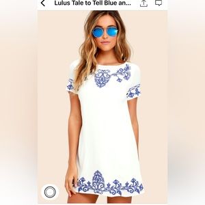 Lulus Blue & White Embroidered Shift Dress In Medium